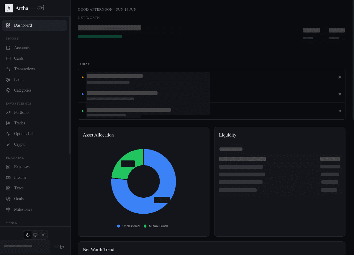 Artha personal wealth dashboard
