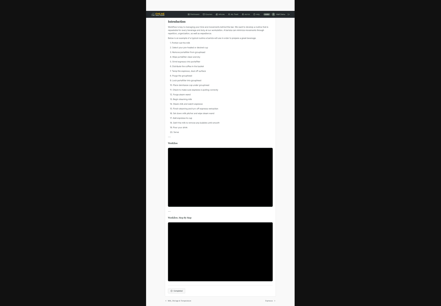 Online Barista Training lesson screen