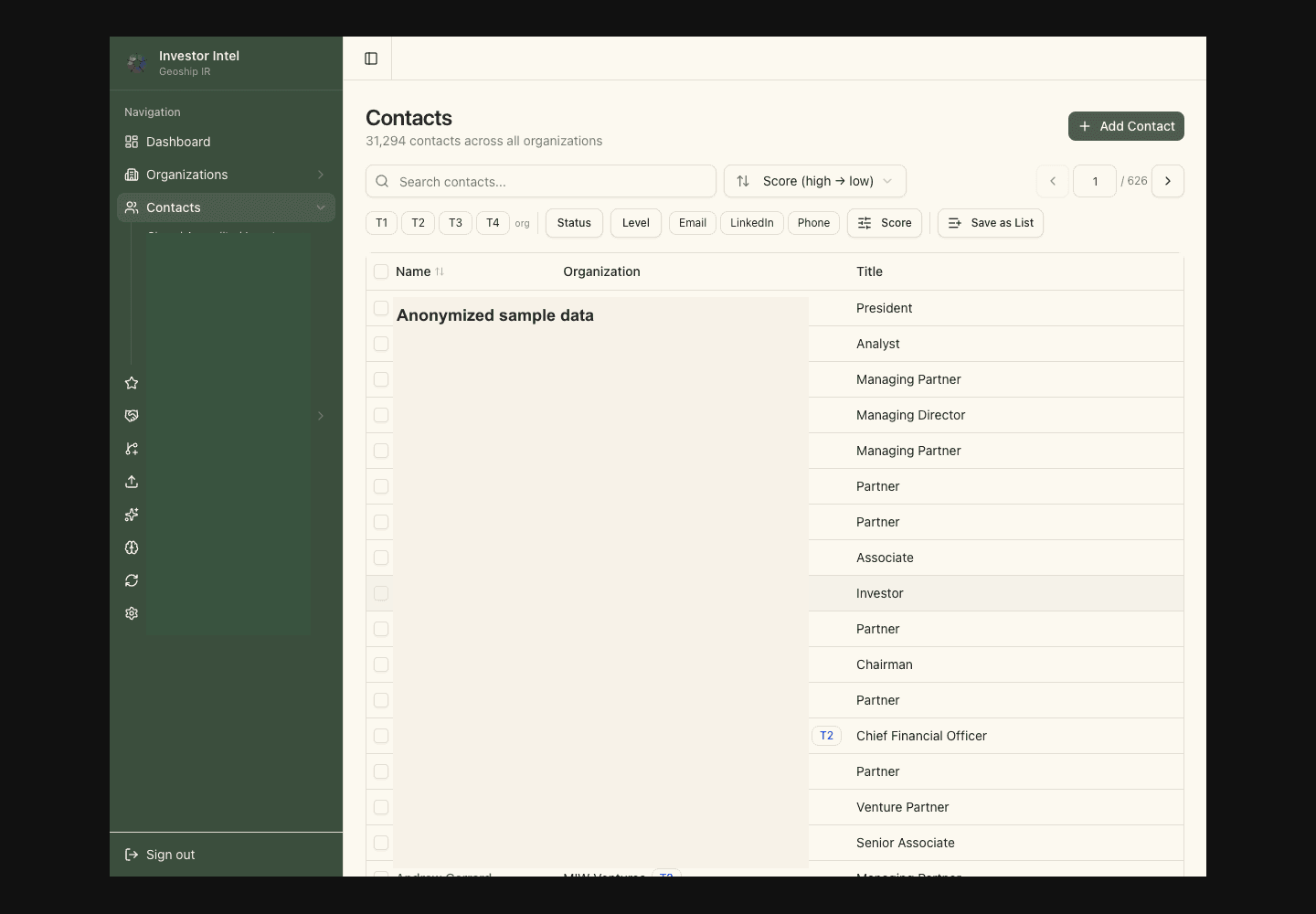 Radar investor list screen
