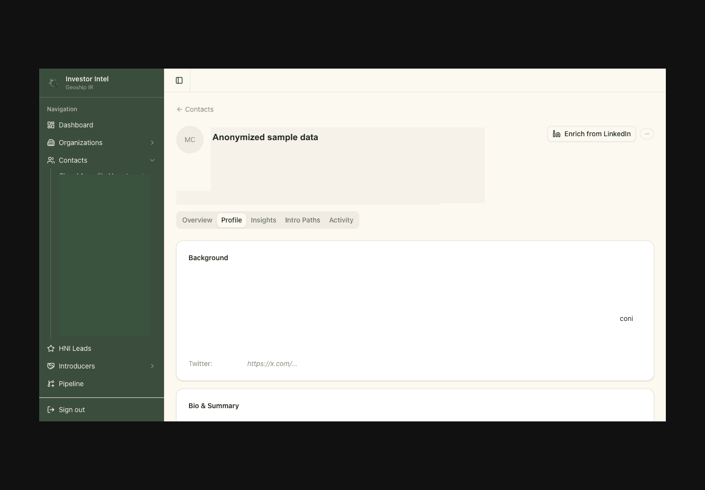 Radar investor profile screen