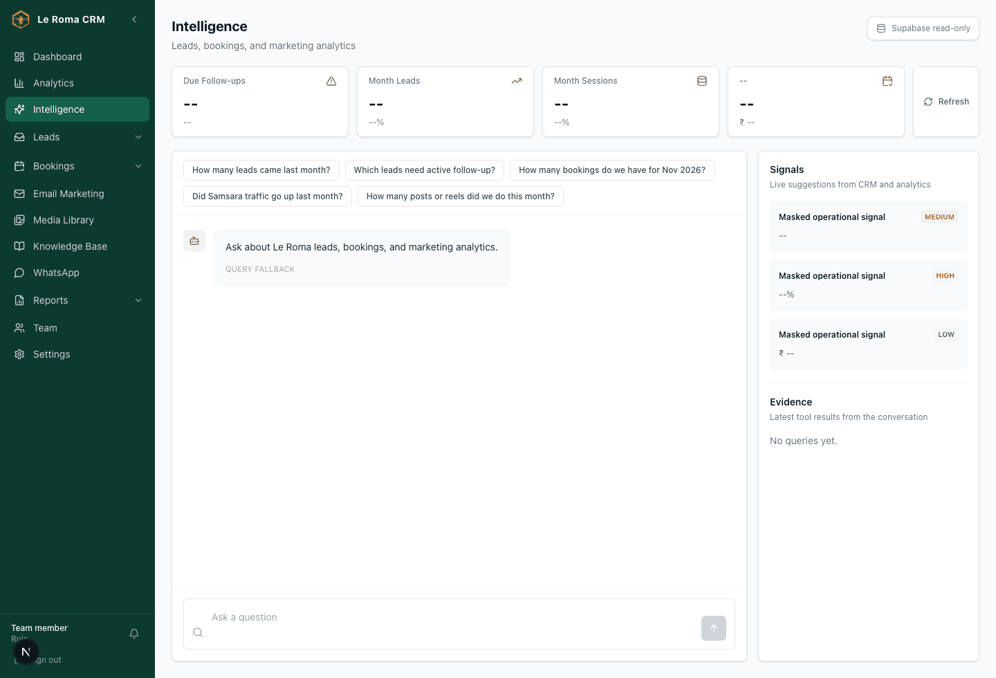 Le Roma CRM intelligence assistant interface with masked business signals