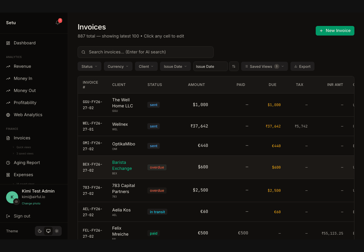 Setu invoices workspace