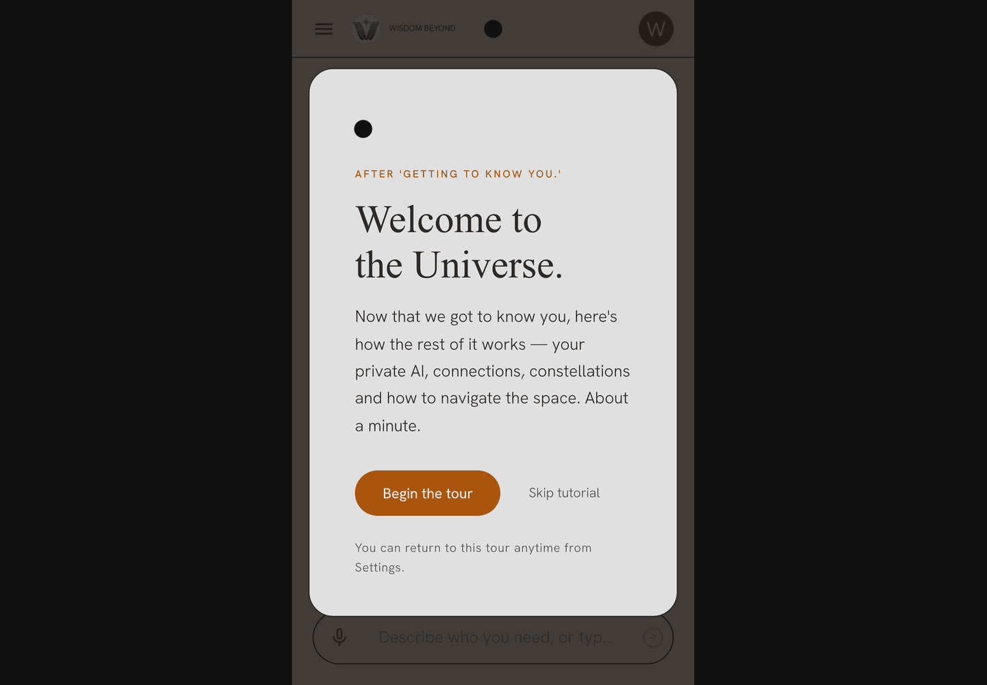Universe Club mobile app home screen